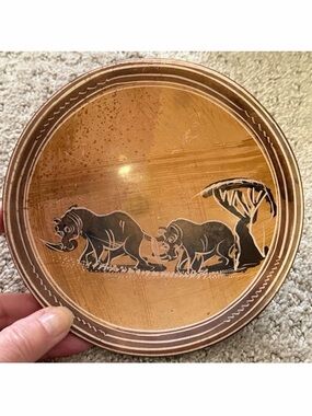 African Safari Bowl Trinket Dish Soapstone Elephant Ethnic Folk Art Carved Dish